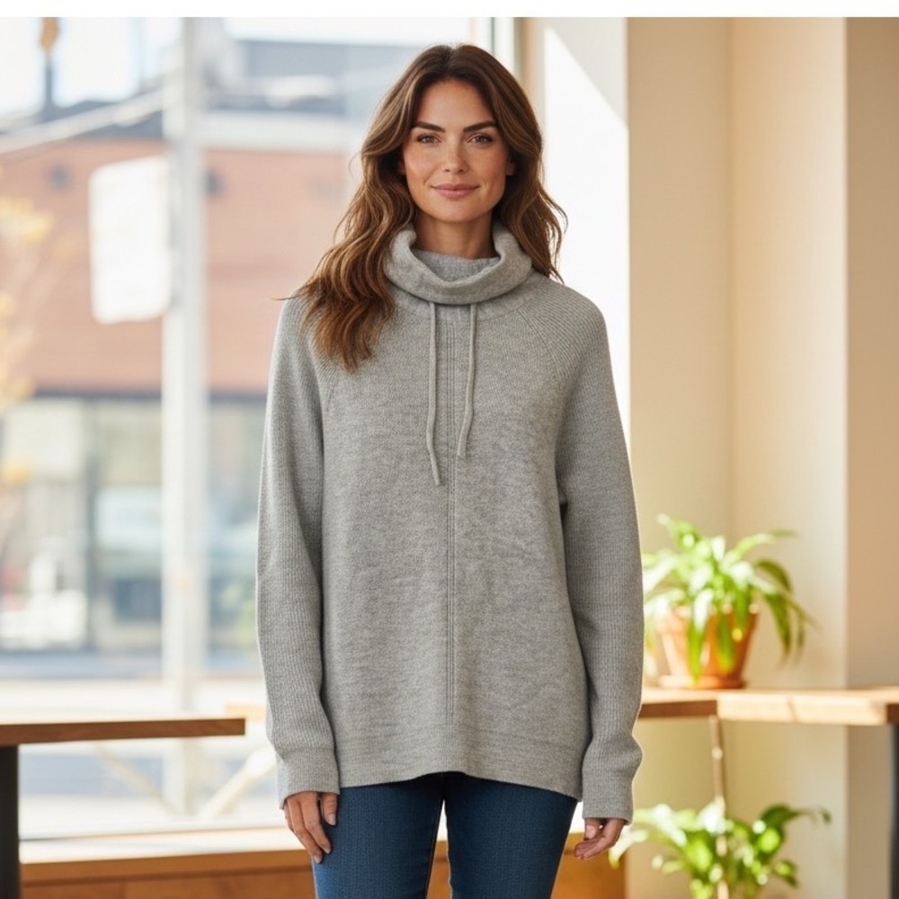 Express Cowl Neck Sweater Womens Large Gray Drawstring Cotton Wool Cozy Luxury